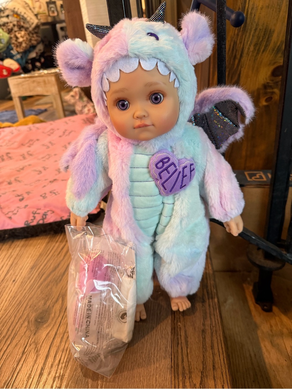 Plush Dragon Costume Baby Doll - Pastel Pink & Blue
